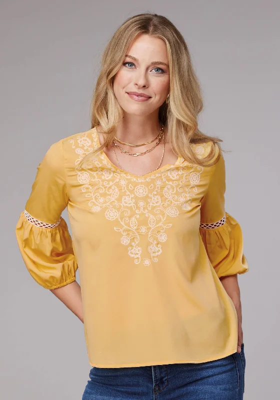 WOMENS LONG SLEEVE PULLOVER SOLID POLY CREPE PEASANT WESTERN BLOUSE WITH EMBROIDERY AND LACE TRIM THREE QUARTER SLEEVES Mandarin Collar Blouse WOMENS LONG SLEEVE PULLOVER SOLID POLY CREPE PEASANT WESTERN BLOUSE WITH EMBROIDERY AND LACE TRIM THREE QUARTER SLEEVES Mandarin Collar Blouse