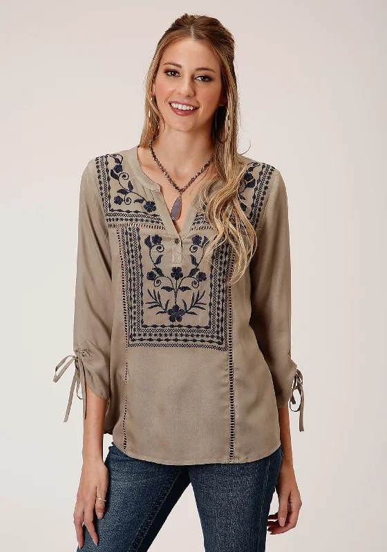 WOMENS LONG SLEEVE RAYON CHALLIS PEASANT  BLOUSE Feminine Pastel Blouse