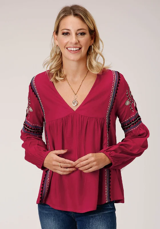 WOMENS LONG SLEEVE RASPBERRY SOLID RAYON CHALLIS BLOUSE Gathered Detail Blouse