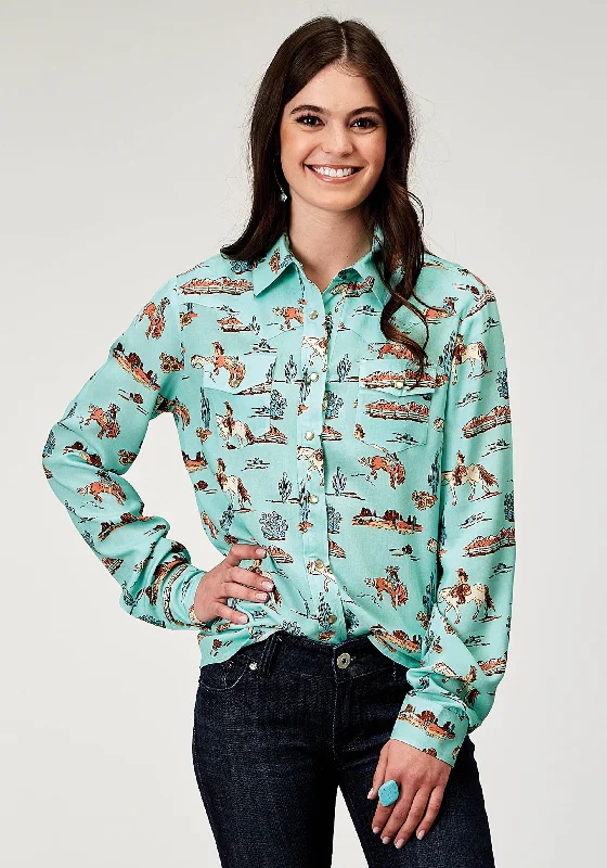 WOMENS LONG SLEEVE SNAP DESERT TOILE PRINT RAYON WESTERN BLOUSE Loose Oversized Blouse