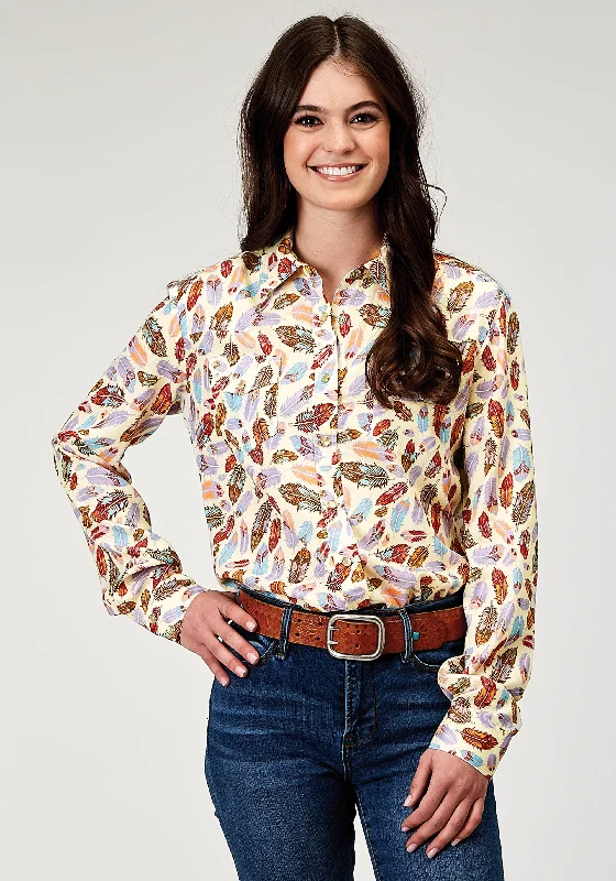 WOMENS LONG SLEEVE SNAP FEATHER TOSS PRINTED RAYON WESTERN BLOUSE Puff Sleeve Blouse