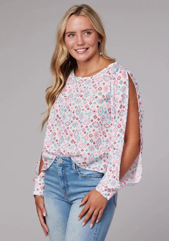 WOMENS LONG SLEEVE PULLOVER SCATTERED AZTEC PRINT RAYON WESTERN BLOUSE WIDE SCOOP NECK OPEN SLEEVE TIE AT CUFF Gathered Detail Blouse WOMENS LONG SLEEVE PULLOVER SCATTERED AZTEC PRINT RAYON WESTERN BLOUSE WIDE SCOOP NECK OPEN SLEEVE TIE AT CUFF Gathered Detail Blouse