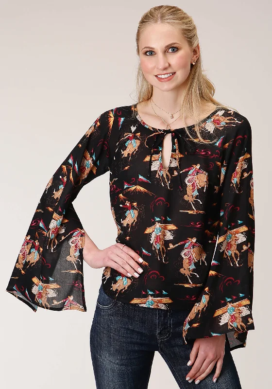 WOMENS LONG SLEEVE RETRO RODEO PRINT FLOWY BLOUSE Chic Off-Shoulder Blouse
