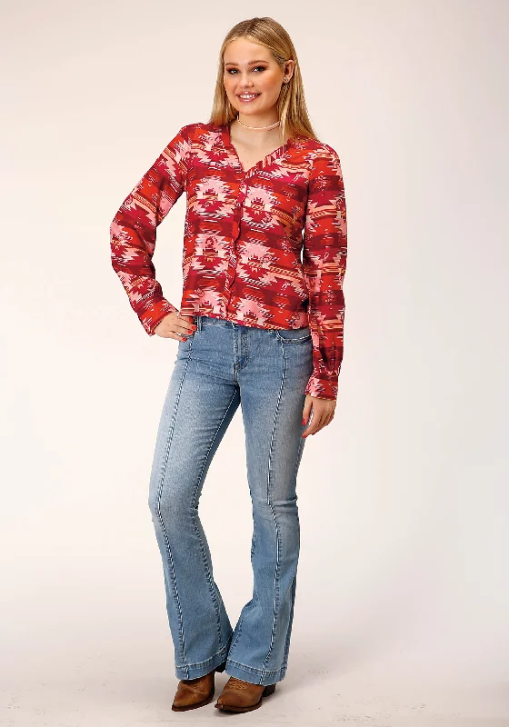 WOMENS LONG SLEEVE RAYON AZTEC PRINT BLOUSE Sheer Mesh Blouse