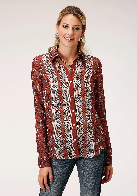 WOMENS LONG SLEEVE RUST FLORAL BORDER PRINT  BLOUSE Double Button Blouse