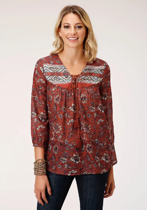 WOMENS LONG SLEEVE RUST FLORAL BORDER PRINT BLOUSE Elegant Semi-Sheer Blouse