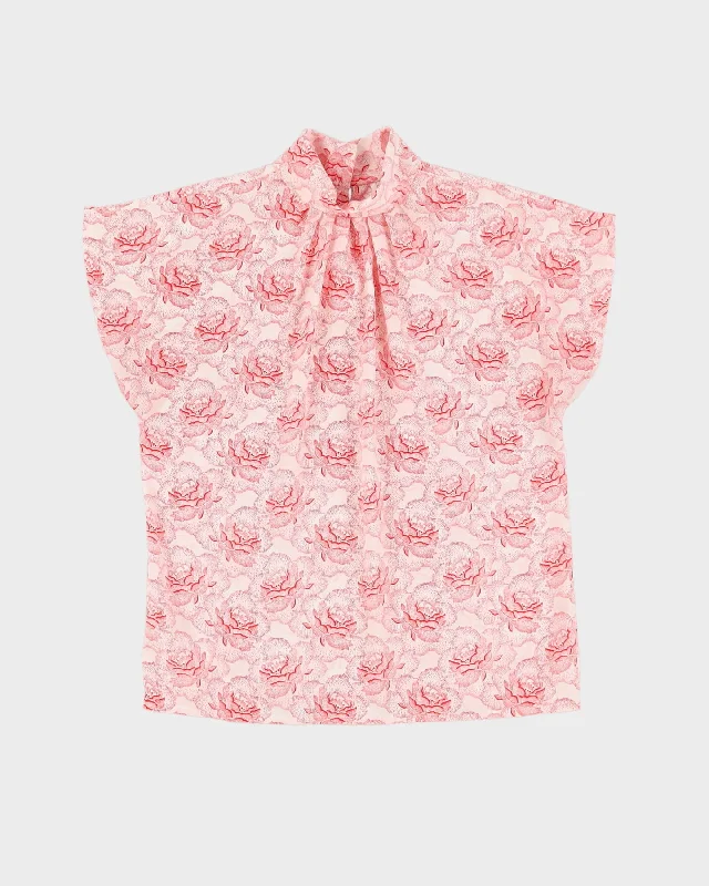 1990s White With Red Roses pattern Blouse - M Elegant Peplum Blouse