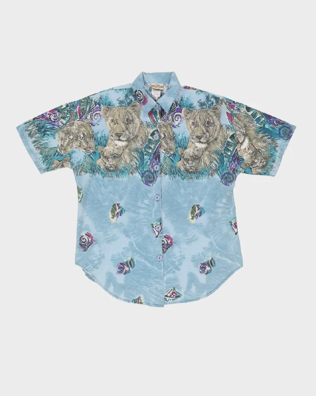 80s Blue Lion Cub Blouse - L Satin Drape Blouse