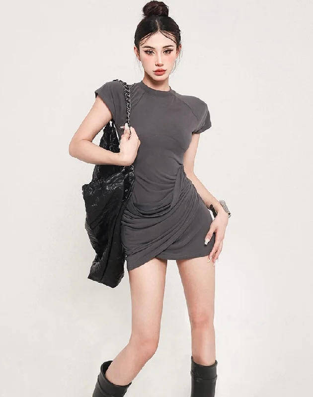 Amaris Solid Color Casual Slim Short Sleeve Openwork Layered Mini Dress Fashionable Polka Dot Mini Dress