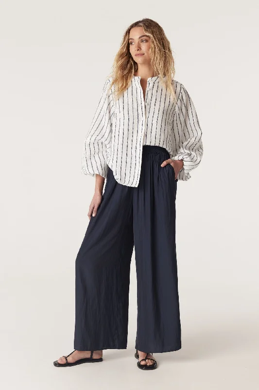Avondale Linen Blouse - Navy Stripe Gathered Detail Blouse