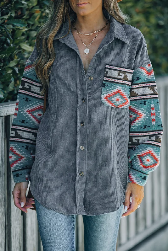 Aztec Pattern Sleeve Pocketed Gray Corduroy Shacket Lightweight Linen Blouse