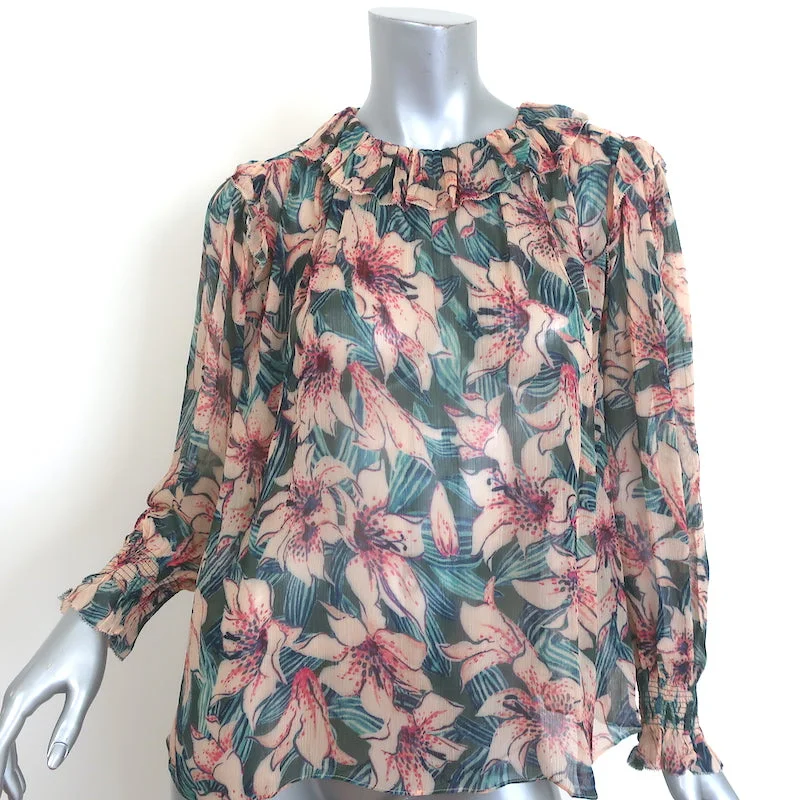Ba&sh Baia Blouse Turquoise/Pink Floral Print Chiffon Size 0 Long Sleeve Top NEW Chic Ruffle Blouse
