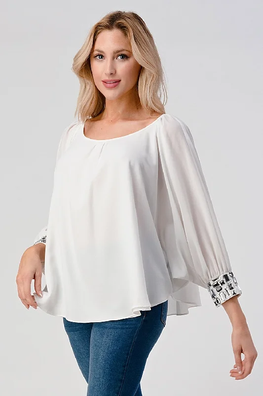 Bead Cuffs Dolman Sleeves Chiffon Blouse Top Feminine Tie Blouse
