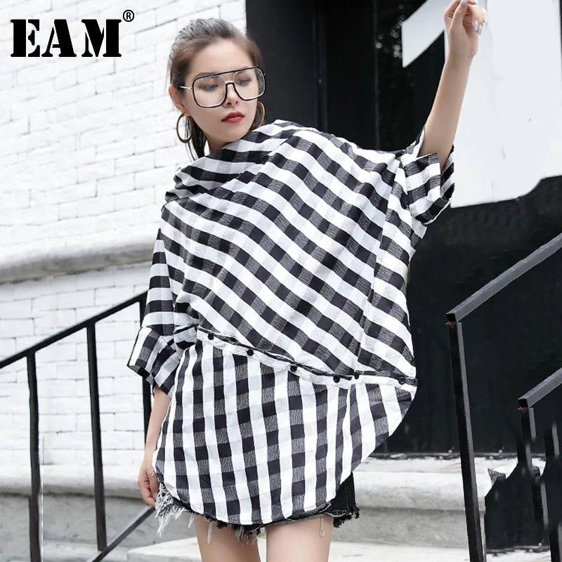 Black Plaid Big Size Blouse Slash Neck Three-quarter Loose Fit Shirt Airy Cotton Blouse