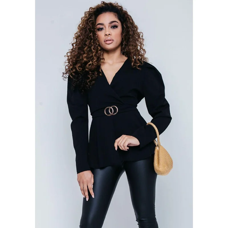 Black Puff Shoulder Back Knot Belted Blouse Airy Cotton Blouse