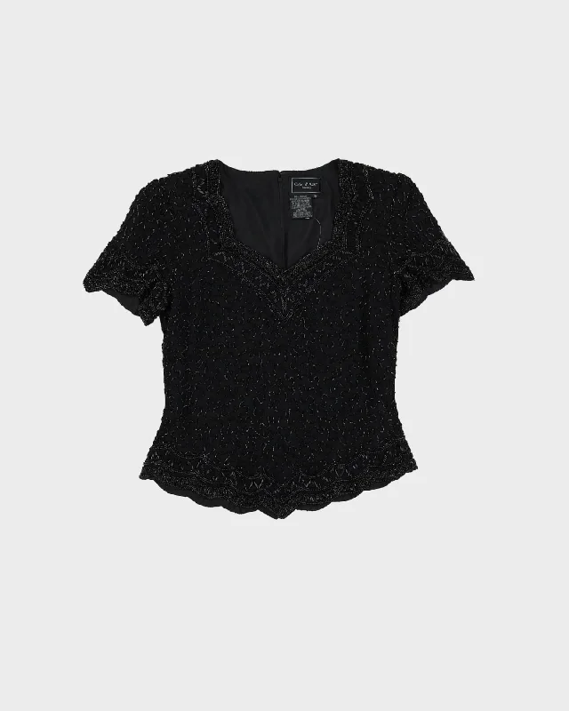 Black Silk Beaded Evening Blouse - XS / S Feminine Tie Blouse