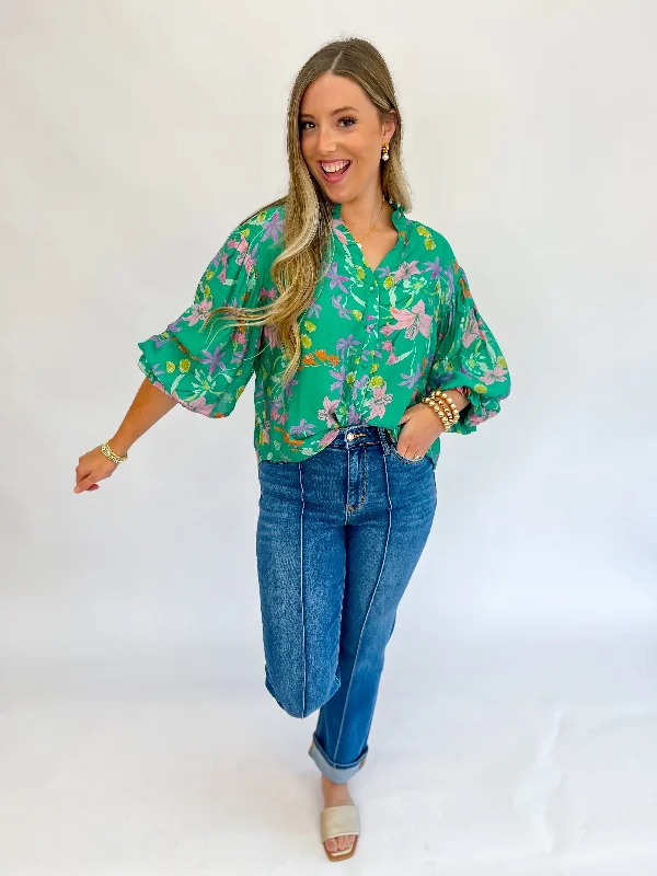 Botanical Beauty Bubble Sleeve Blouse Mandarin Collar Blouse