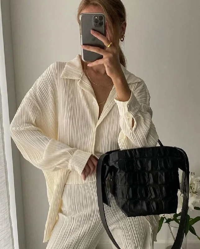 Causal Loose Home Suit Autumn Long Sleeve Blouse With High Wasit Pants Set Women Elegant Pleated Beige 2 Piece Pant Sets Modern Work Blouse