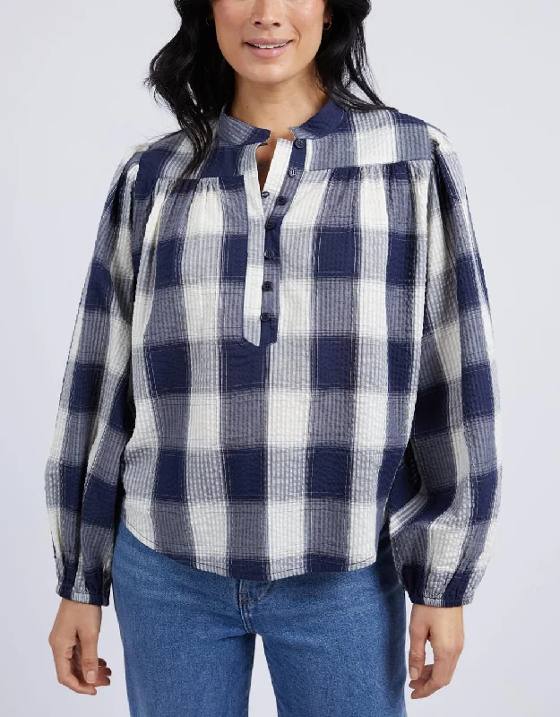 Cedar Check Blouse - Navy Check Sweetheart Neck Blouse