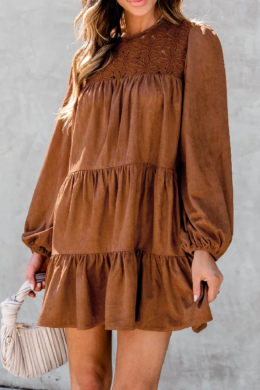 Blue Zone Planet |  Chestnut Floral Lace Crochet Tiered Ruffle Mini Dress Cozy Sweater Mini Dress