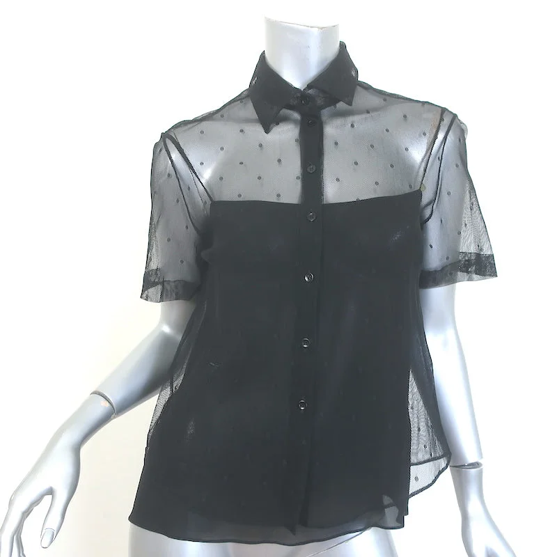 Christian Dior Swiss Dot Tulle Blouse Black Size US 2 Short Sleeve Shirt Side Tie Blouse Christian Dior Swiss Dot Tulle Blouse Black Size US 2 Short Sleeve Shirt Side Tie Blouse