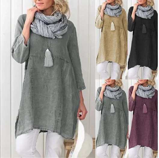Cotton And Linen Mid-Sleeve  Blouse Elegant Office Blouse