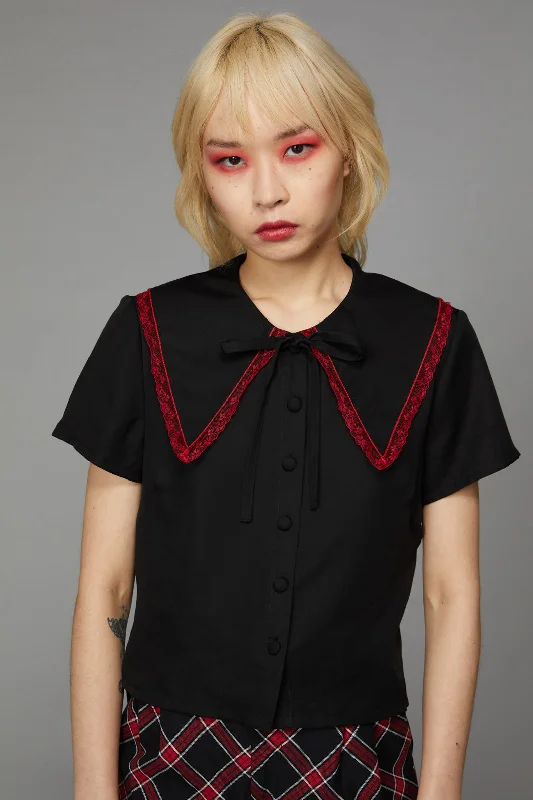 Contrast Lace Collar Blouse Sheer Mesh Blouse