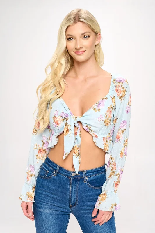 Crop blouse cardian top tie front long sleeve Wrap Front Blouse
