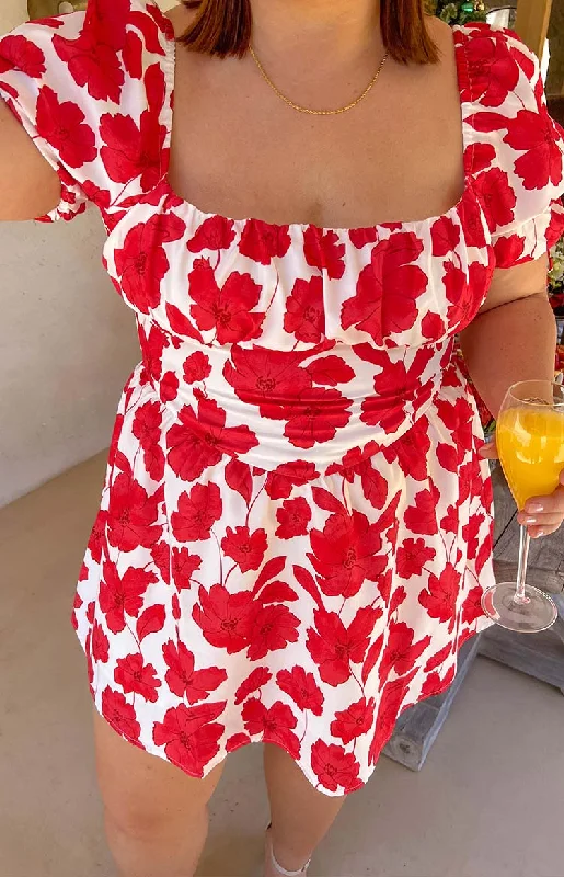 Danyal Red Anemone Floral Print Mini Dress Stylish Short Sleeve Mini Dress