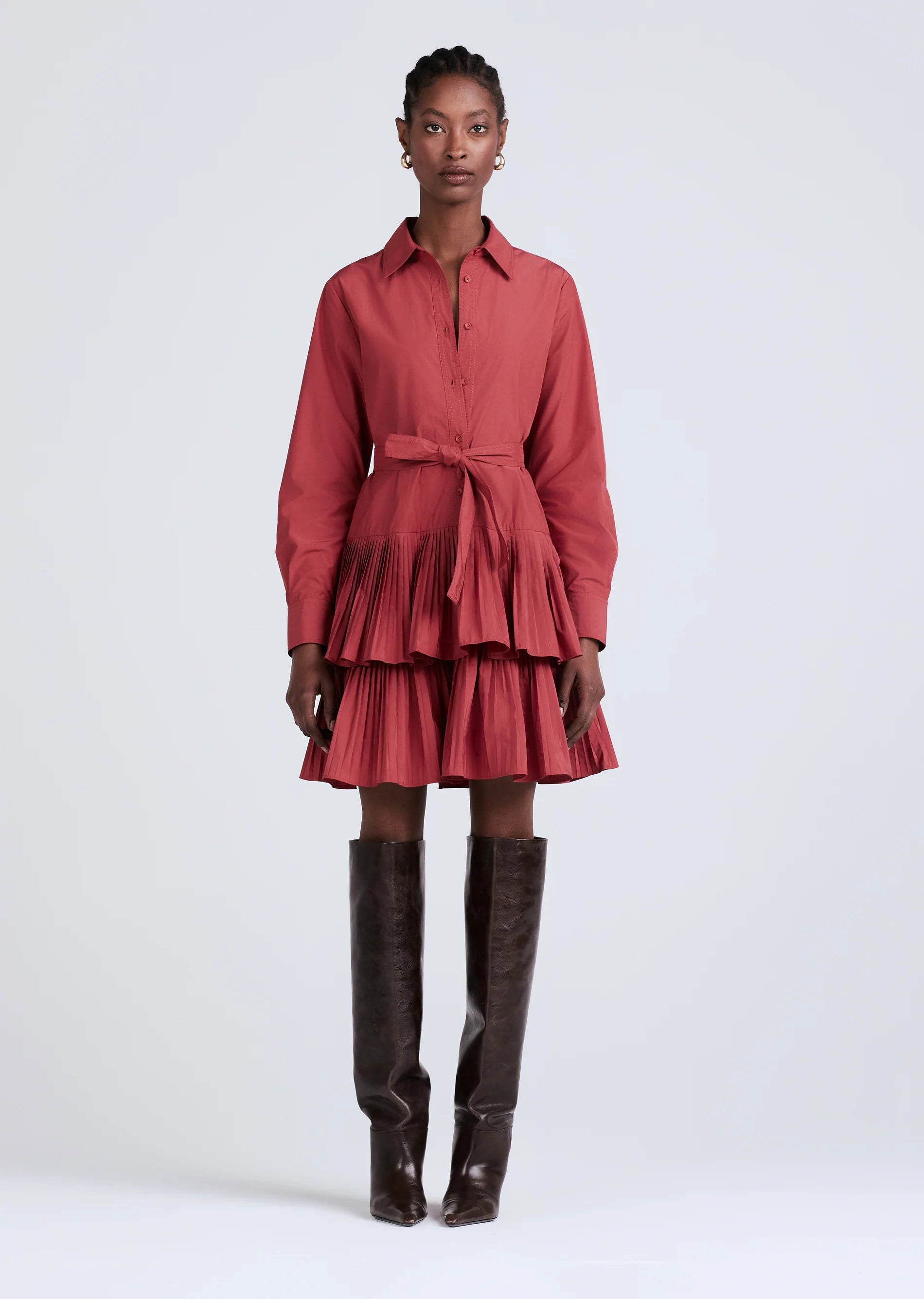 Derek Lam 10 Crosby - Sterling Long Sleeve Pleated Mini Dress in Rhubarb Comfortable Polka Dot Mini Dress Derek Lam 10 Crosby - Sterling Long Sleeve Pleated Mini Dress in Rhubarb Comfortable Polka Dot Mini Dress