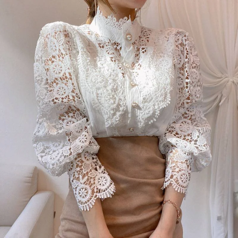 Design Palace Style Blouse Lace Stand-up Collar Long-sleeved Shirt Embroidered Cotton Blouse Design Palace Style Blouse Lace Stand-up Collar Long-sleeved Shirt Embroidered Cotton Blouse