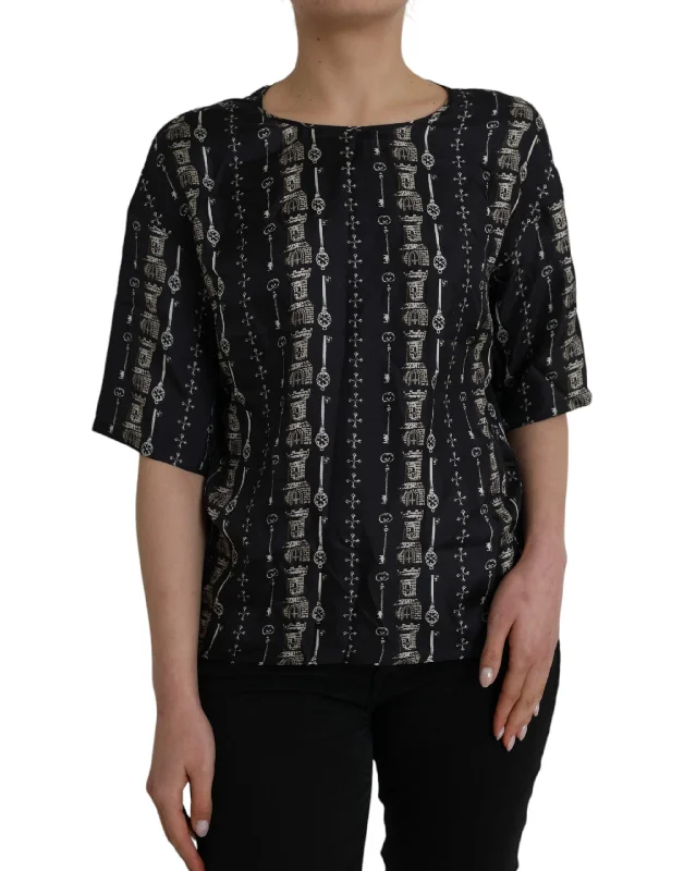 Dolce & Gabbana Black Key Castle Print Silk Blouse T-shirt Vintage Lace Blouse