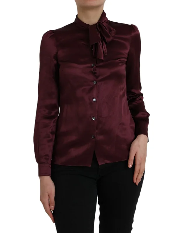 Dolce & Gabbana Maroon Ascot Collar Long Sleeve Top Blouse Business Casual Blouse