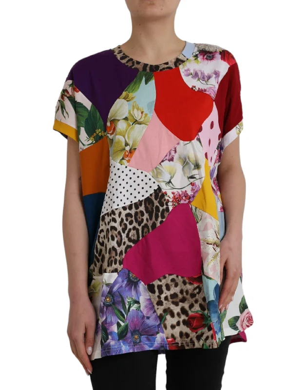 Dolce & Gabbana Multicolor Patchwork Cotton Silk Blouse Top Drape Neck Blouse