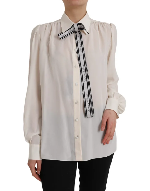 Dolce & Gabbana Off White Long Sleeve Button Down Blouse Top Oversized Silk Blouse