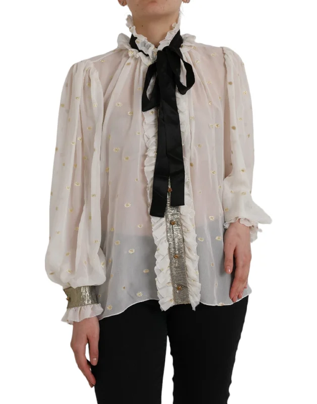 Dolce & Gabbana Off White Silk Blend Ascot Collar Blouse Top Collared Satin Blouse