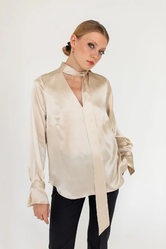 Silk Blouse With A Sash Beige Office-Ready Blouse