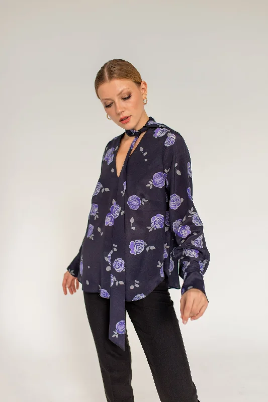 Silk Blouse With A Sash Rose Versatile Layering Blouse
