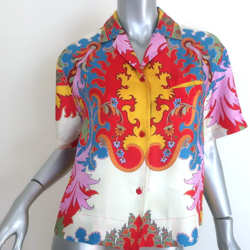 Etro Blooming Paisley Print Blouse Multicolor Silk Size 38 Short Sleeve Shirt Embroidered Floral Blouse