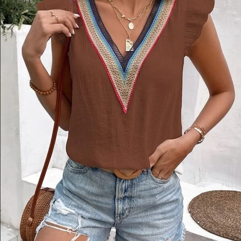 Fashion Casual Women V-Neck Lace Casual Solid Color Ruffled Cap Sleeve Blouse Loose Oversized Blouse