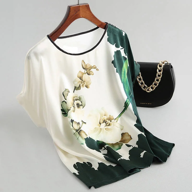 Floral Print Blouse Pullover Ladies Silk Satin Blouses Plus Size Batwing Sleeve Vintage Print Casual Short Sleeve Tops Casual Relaxed Fit Blouse