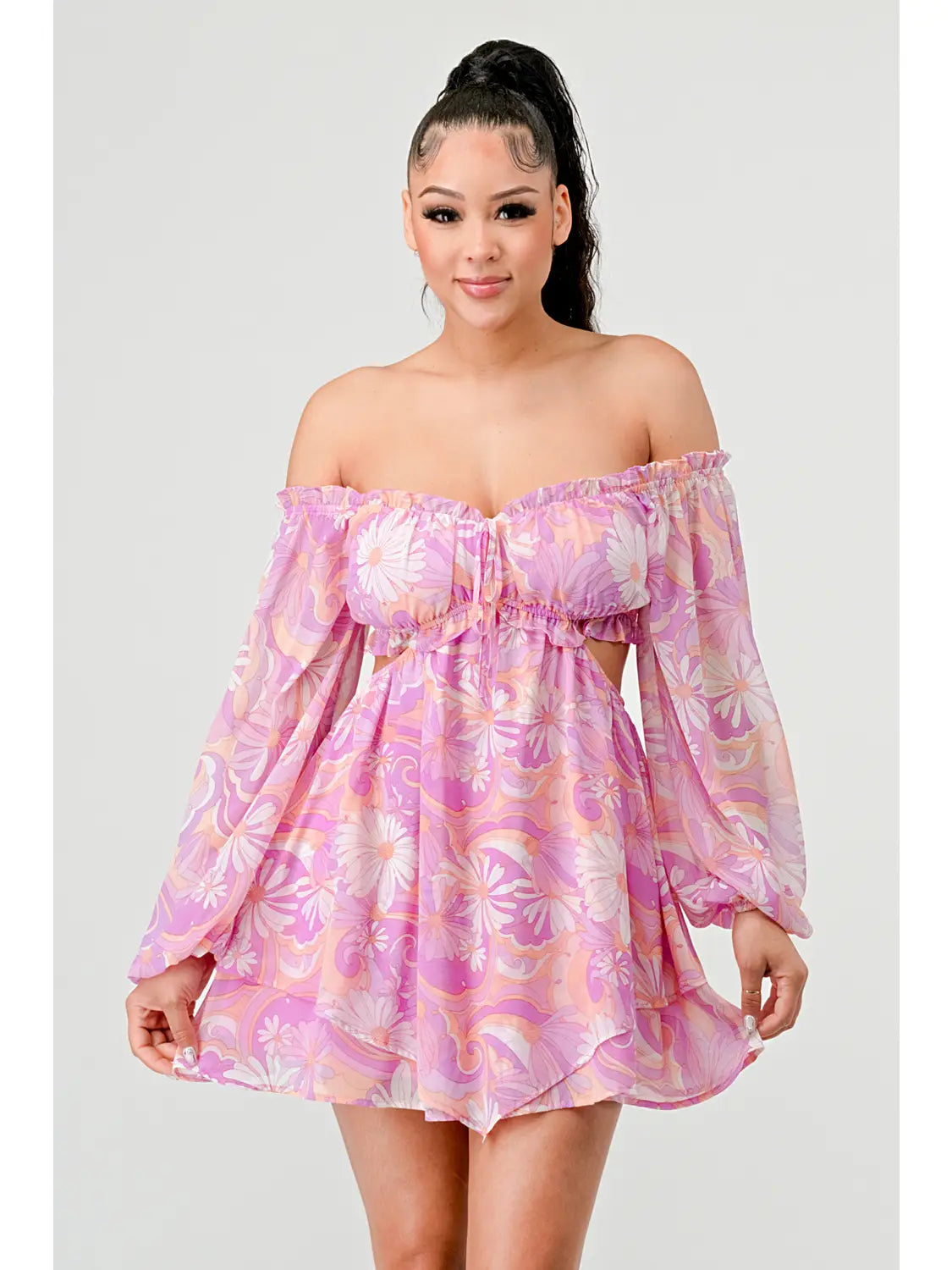 Floral Pebble Chiffon Print Ruffle Mini Dress - Pink Fashionable Lace-Trim Mini Dress
