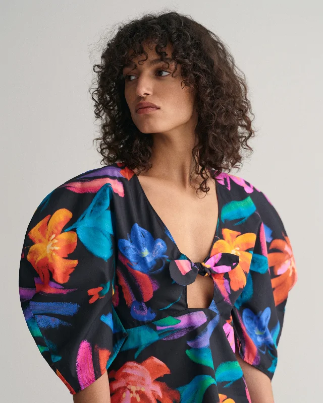 Floral Print Volume Sleeve Blouse - Ebony Black Classic White Blouse