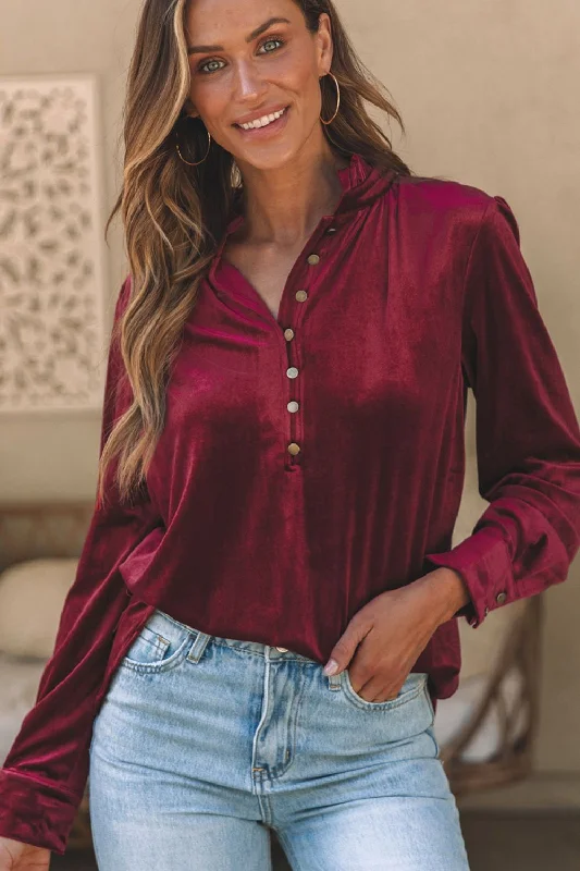 Frill Half Button Mock Neck Long Sleeve Blouse Casual Relaxed Fit Blouse