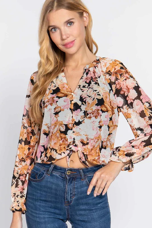 Front Tie Woven Blouse Lightweight Floral Blouse