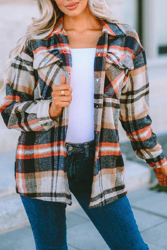 Geometric Plaid Pocketed Shacket Ruffled Neck Blouse