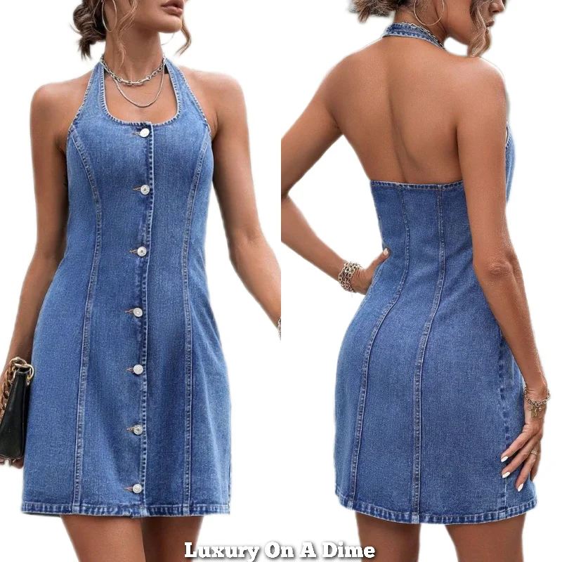 Retro Denim Halter Mini Dress Blue Jean Scoop Neck Backless Sheath Button Front Fashionable Lace-Trim Mini Dress Retro Denim Halter Mini Dress Blue Jean Scoop Neck Backless Sheath Button Front Fashionable Lace-Trim Mini Dress