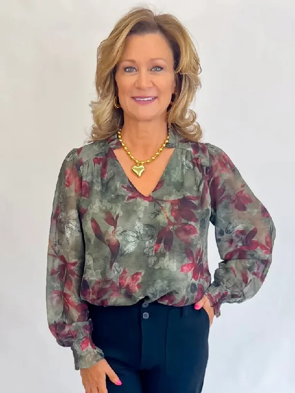 Harvest Olive Floral Blouse Smart Business Blouse