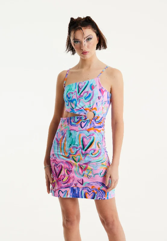 House Of Holland Heart Printed Jersey Mini Dress With Cut Out Details in Pink Classic White Mini Dress