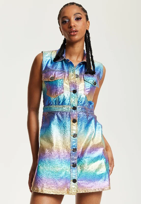 House Of Holland Metallic Rainbow Mini Dress Comfortable Zip-Up Mini Dress